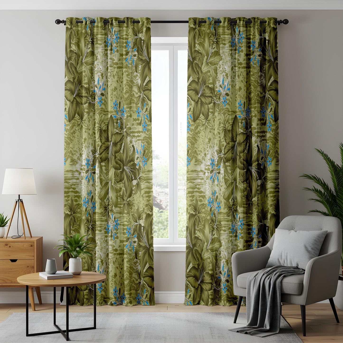 Onay Olive Green Blue Grunge Tropical Curtains – Textured Boho Decor