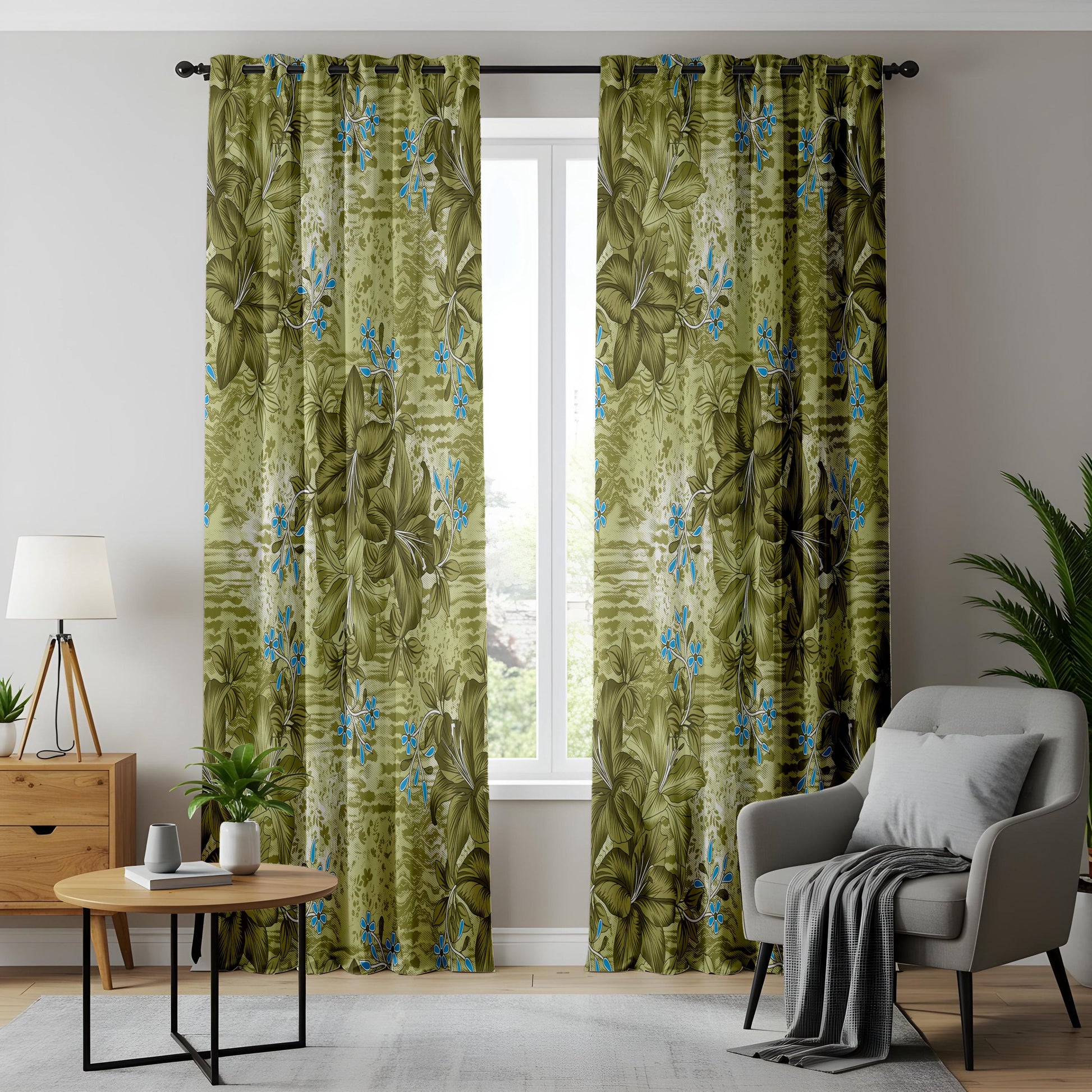 Onay Olive Green Blue Grunge Tropical Curtains – Textured Boho Decor