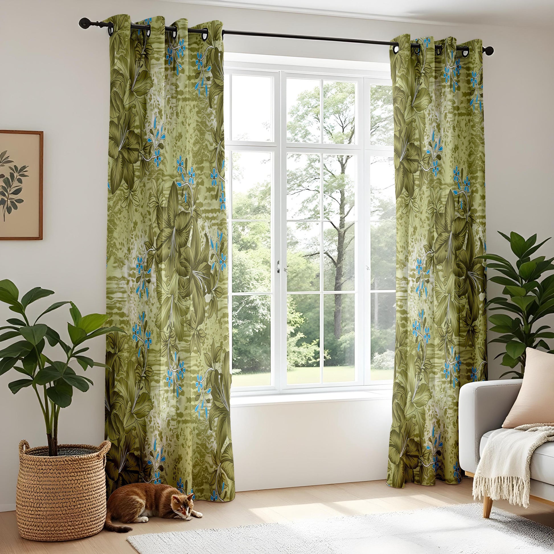 Onay Olive Green Blue Grunge Tropical Curtains – Textured Boho Decor