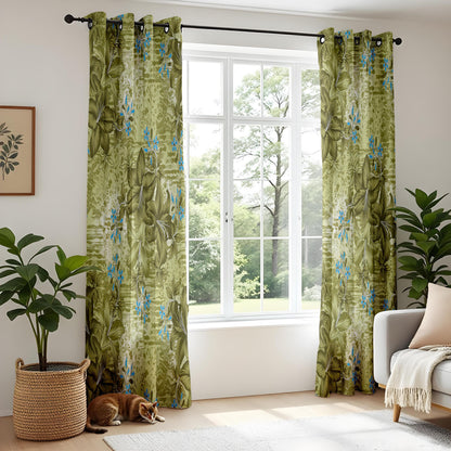 Onay Olive Green Blue Grunge Tropical Curtains – Textured Boho Decor