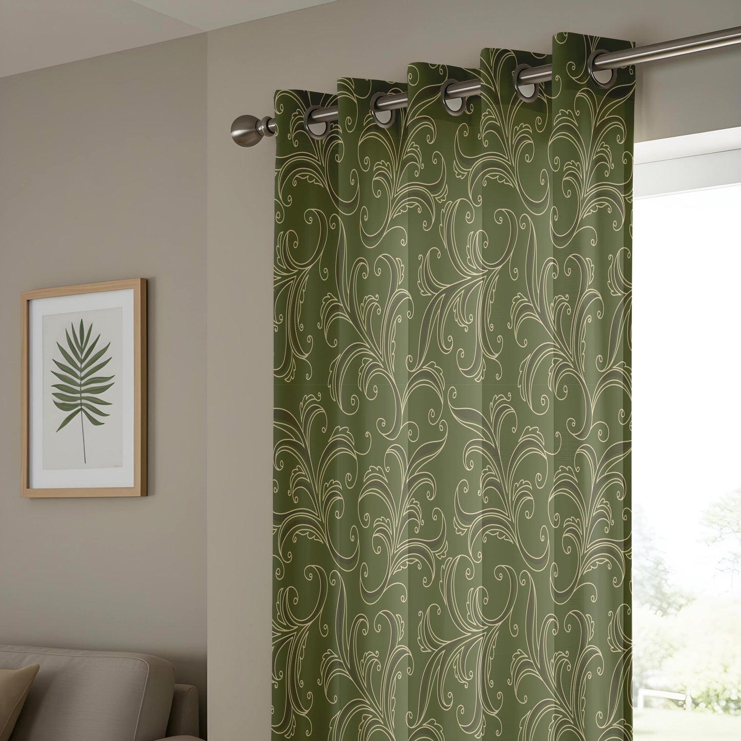 Onay Olive Green Scroll Pattern Curtains – Art Nouveau Line Art Drapes