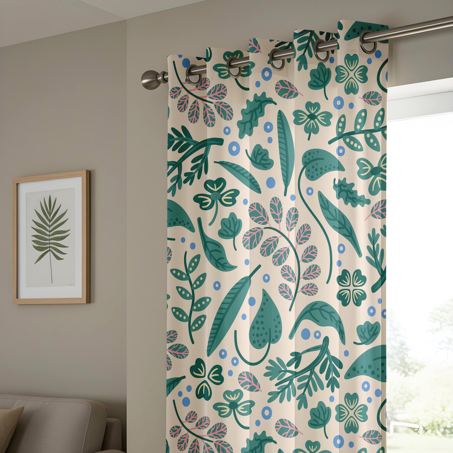 Onay Playful Boho Botanical Curtains – Cream Teal Pink Clover Print