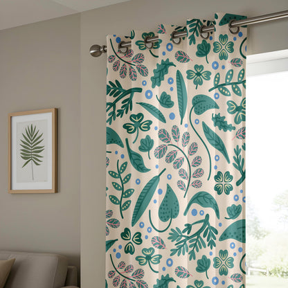 Onay Playful Boho Botanical Curtains – Cream Teal Pink Clover Print