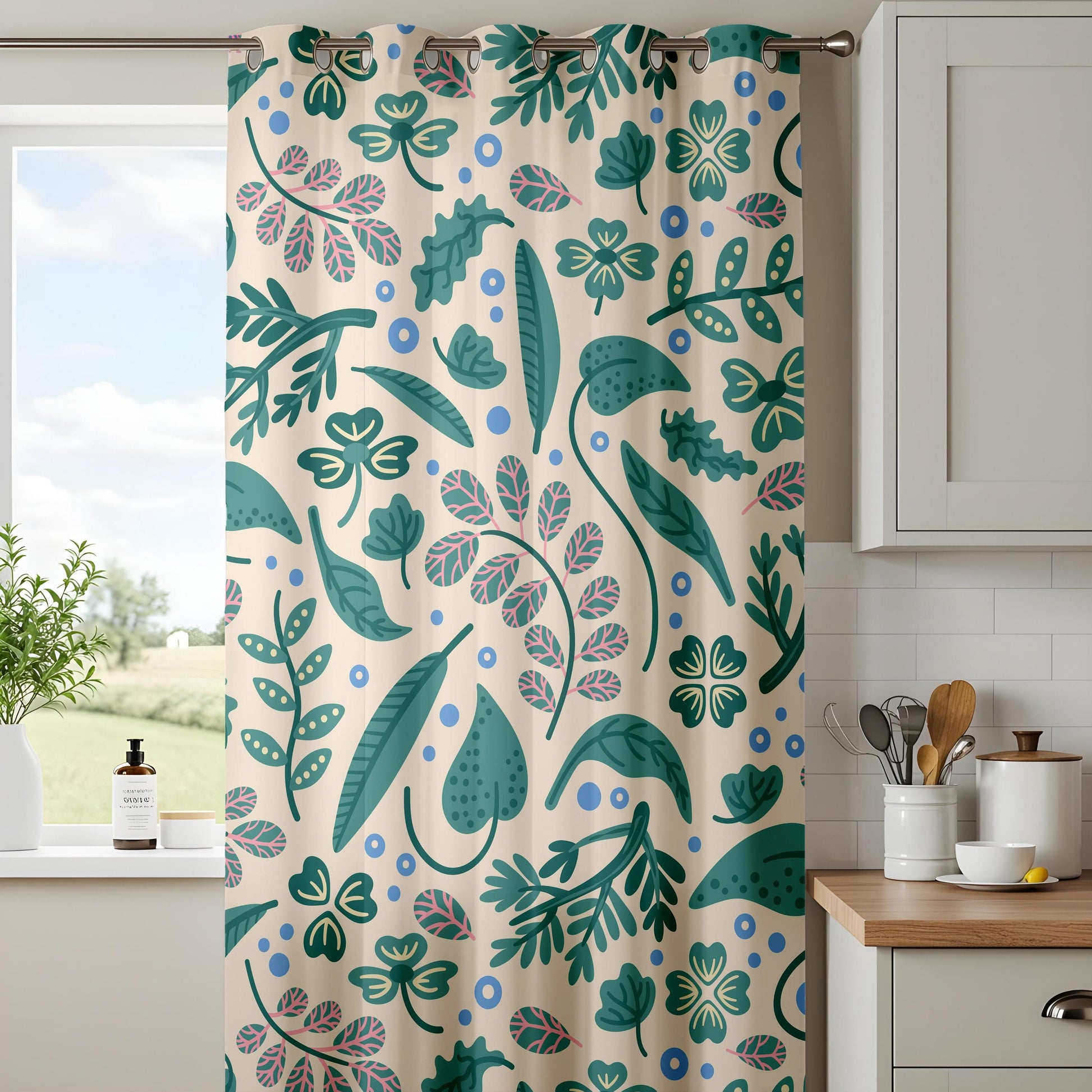 Onay Playful Boho Botanical Curtains – Cream Teal Pink Clover Print