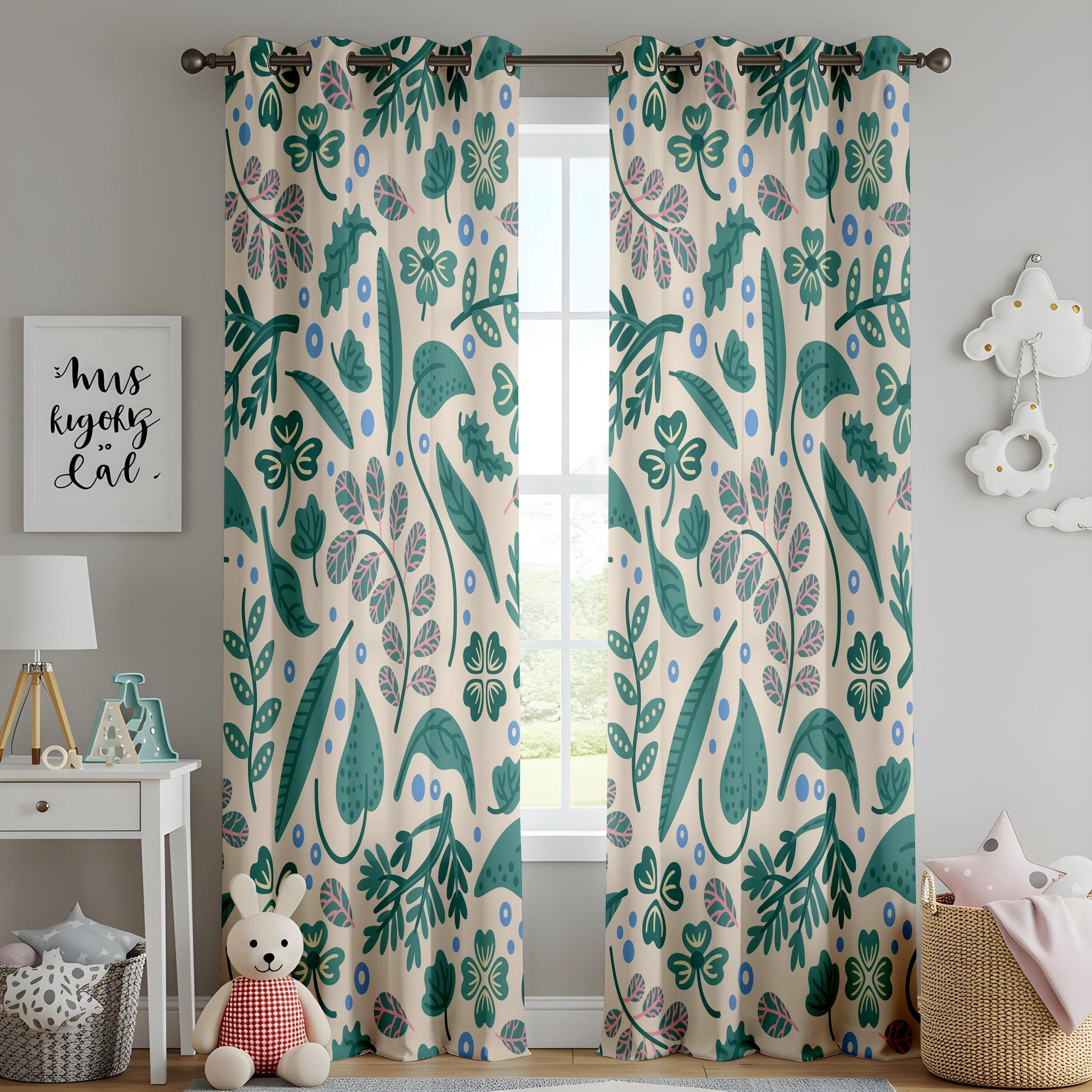 Onay Playful Boho Botanical Curtains – Cream Teal Pink Clover Print