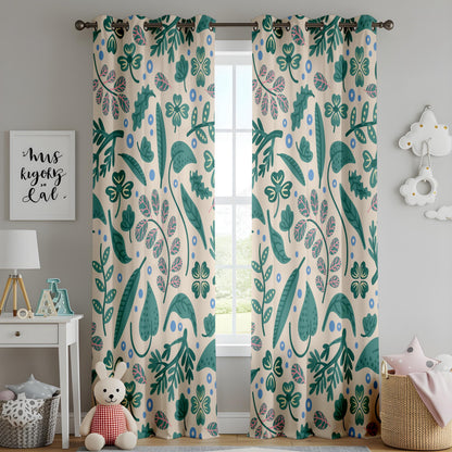 Onay Playful Boho Botanical Curtains – Cream Teal Pink Clover Print