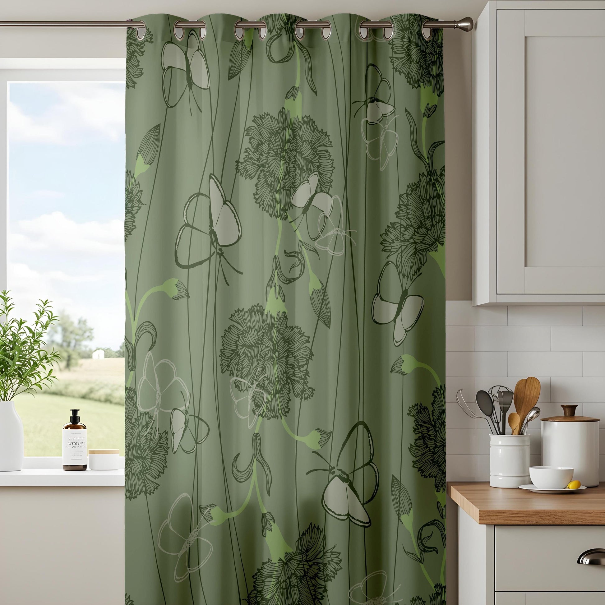 Onay Sage Green Butterfly Floral Curtains – Vintage Botanical Sketch Drapes