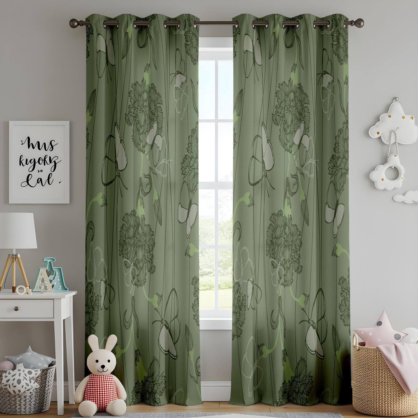 Onay Sage Green Butterfly Floral Curtains – Vintage Botanical Sketch Drapes