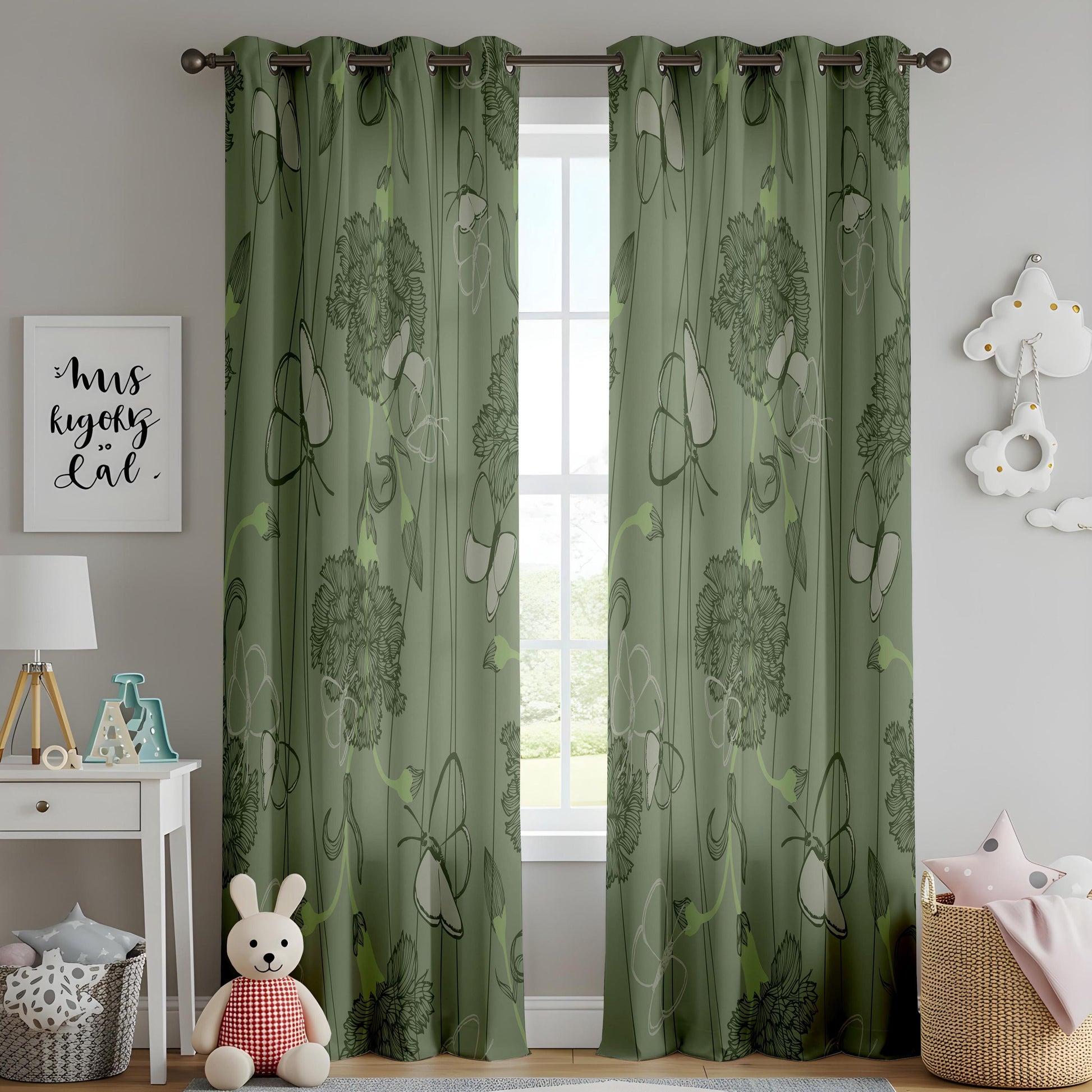 Onay Sage Green Butterfly Floral Curtains – Vintage Botanical Sketch Drapes