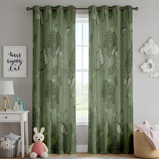 Onay Sage Green Butterfly Floral Curtains – Vintage Botanical Sketch Drapes