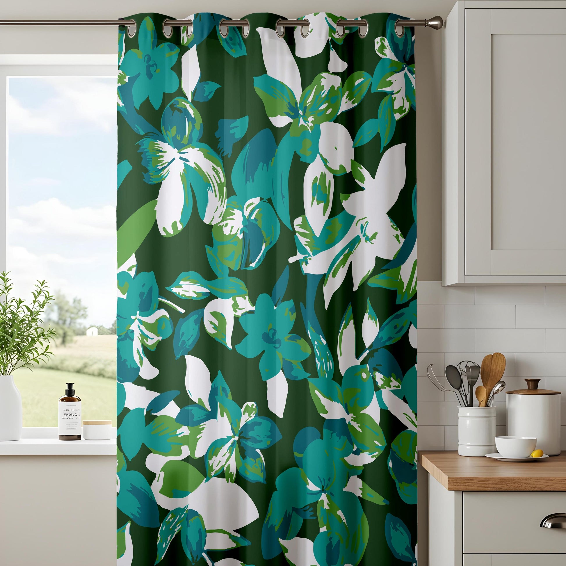 Onay Emerald Green Teal Abstract Floral Curtains – Bold Living Room Decor