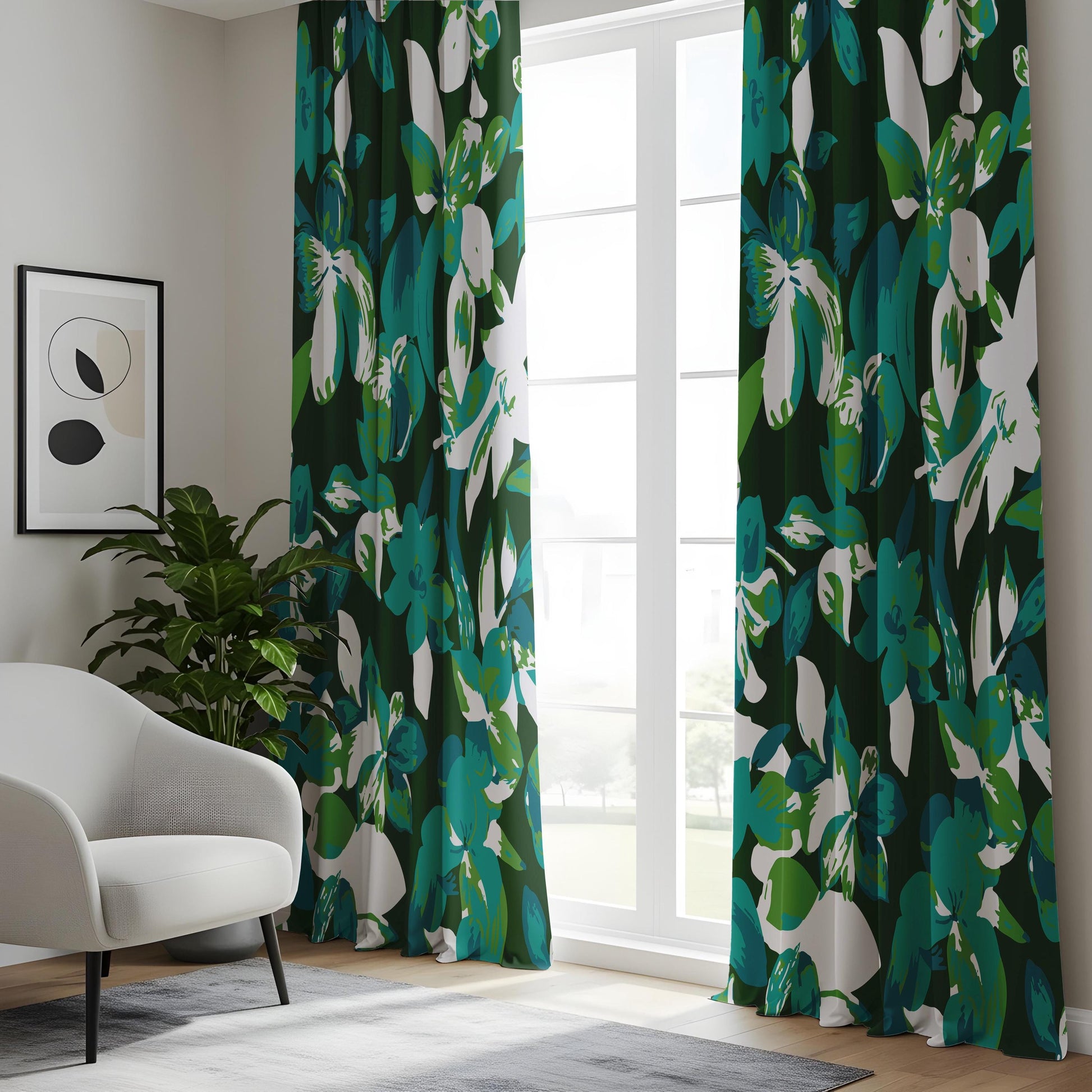 Onay Emerald Green Teal Abstract Floral Curtains – Bold Living Room Decor