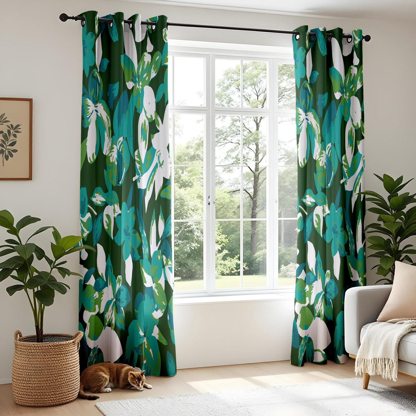 Onay Emerald Green Teal Abstract Floral Curtains – Bold Living Room Decor