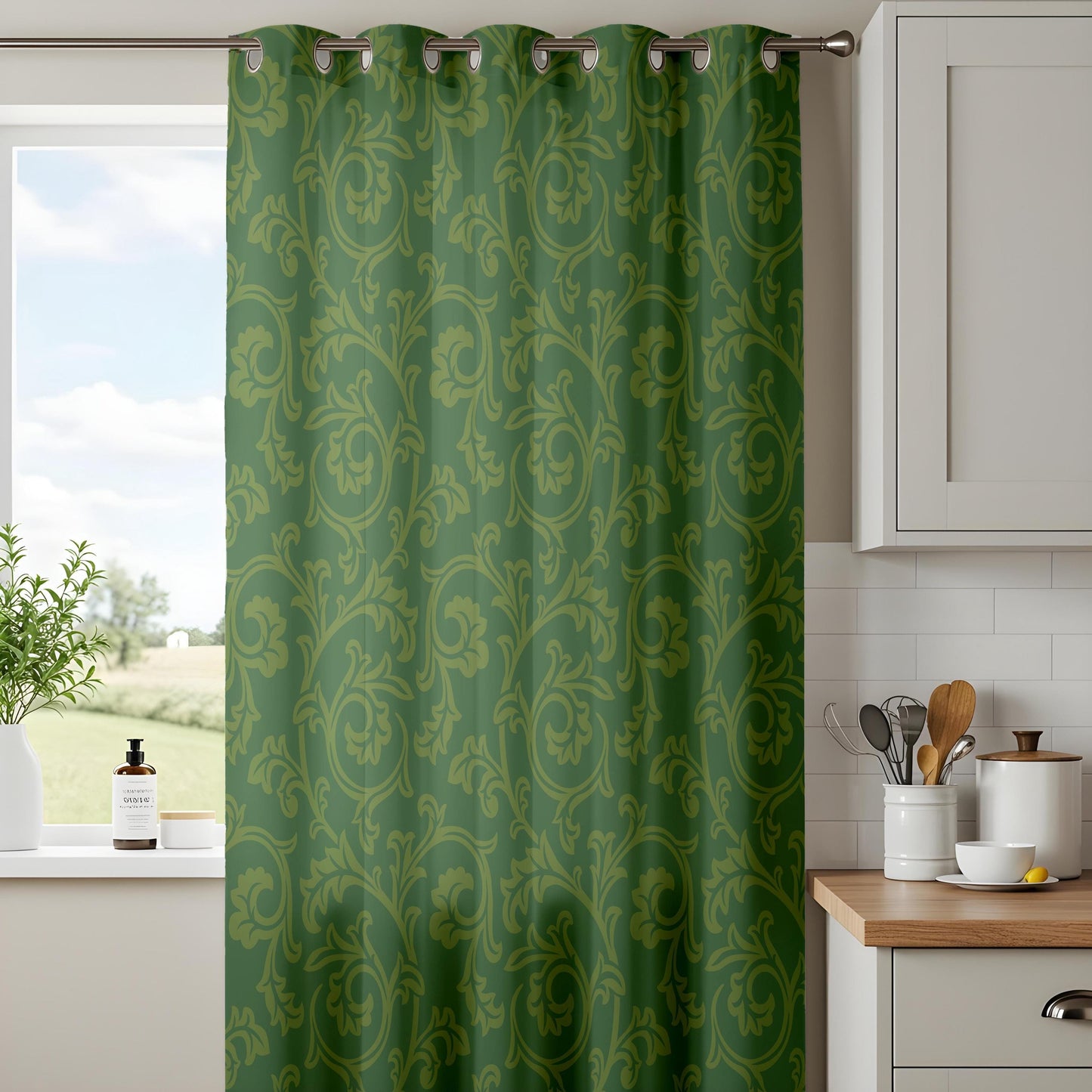 Onay Moss Green Damask Curtains – Vintage Baroque Scroll Drapes