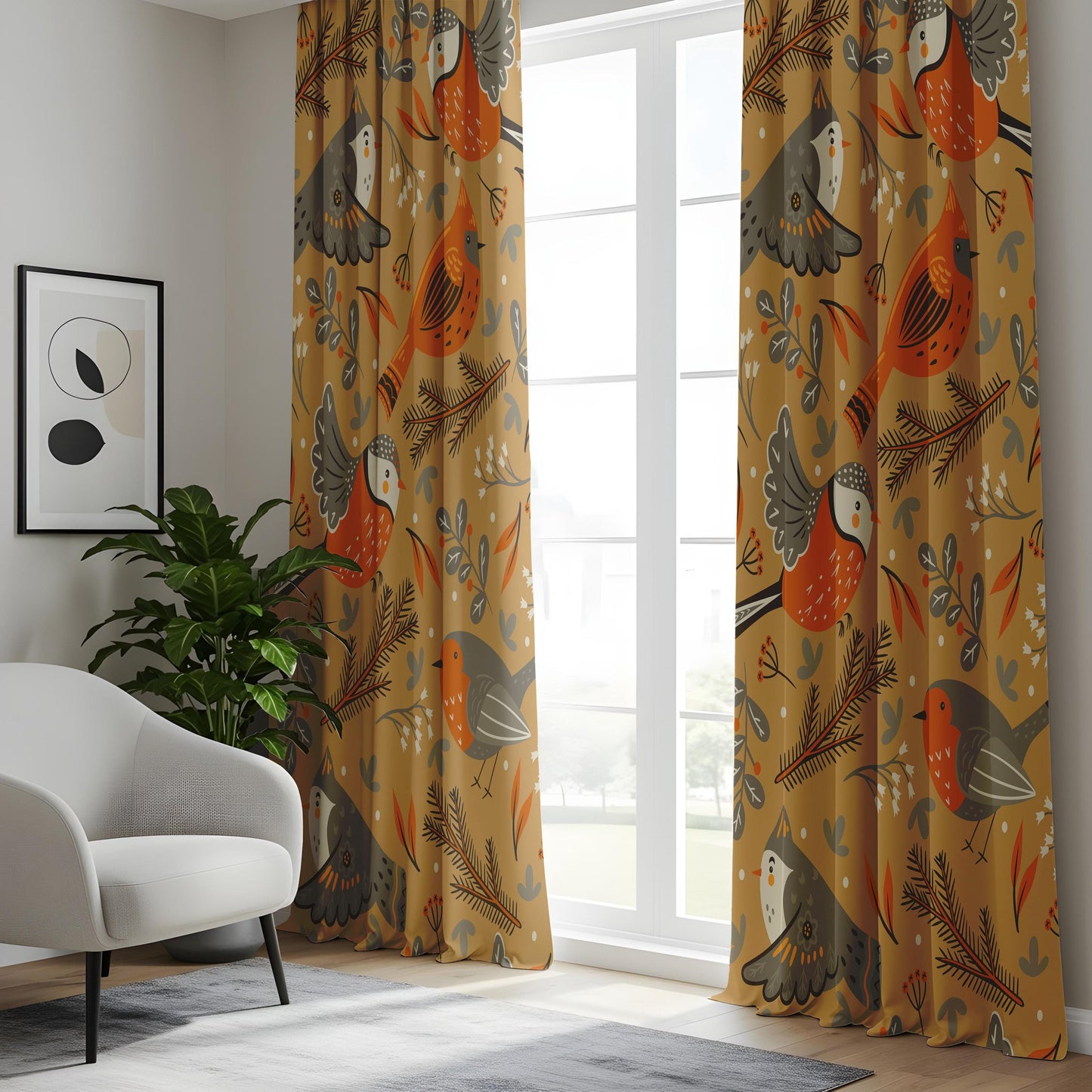 Onay Mustard Yellow Bird Curtains – Scandi Folk Art Drapes