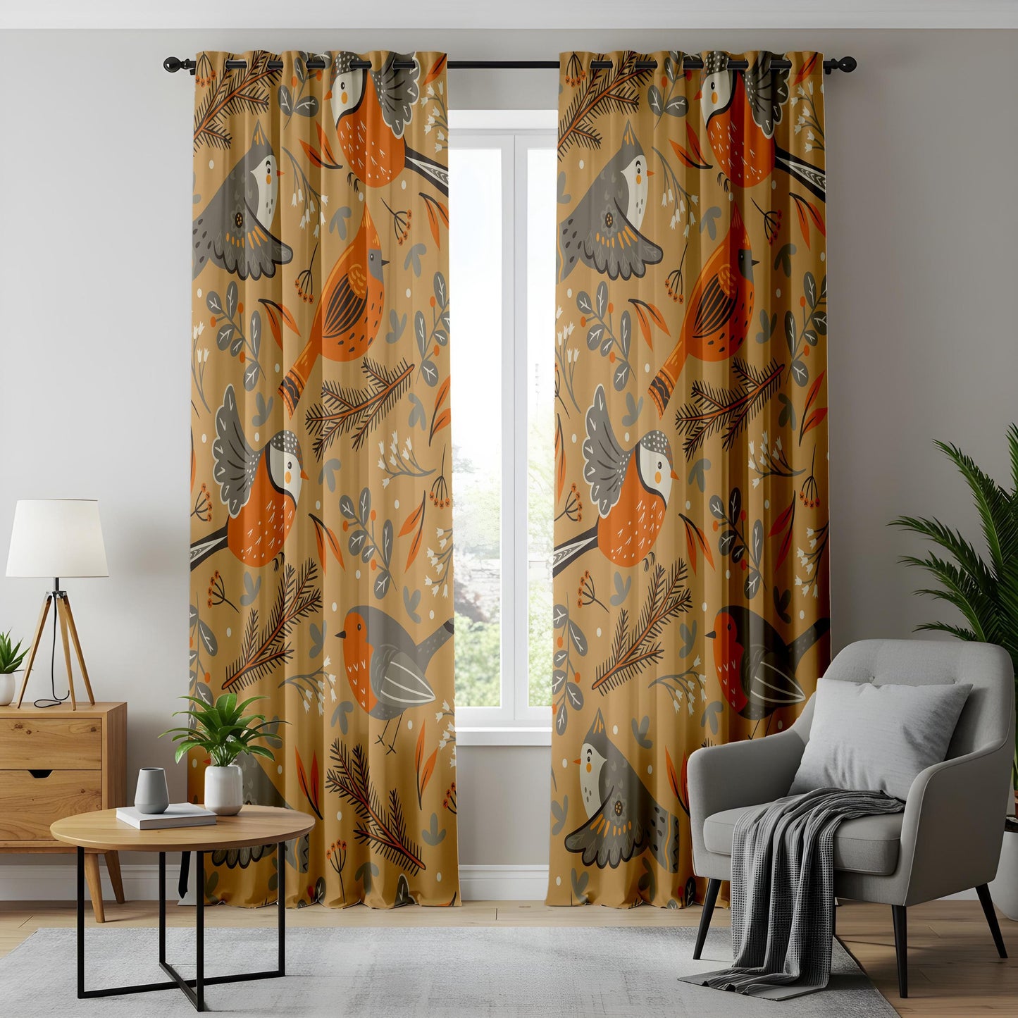 Onay Mustard Yellow Bird Curtains – Scandi Folk Art Drapes