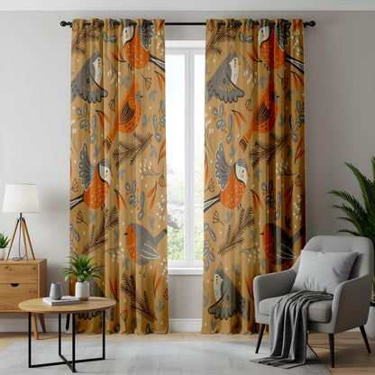 Onay Mustard Yellow Bird Curtains – Scandi Folk Art Drapes