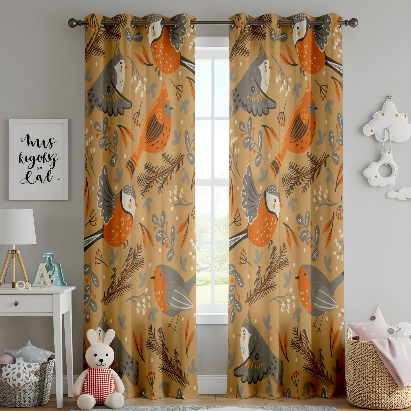 Onay Mustard Yellow Bird Curtains – Scandi Folk Art Drapes