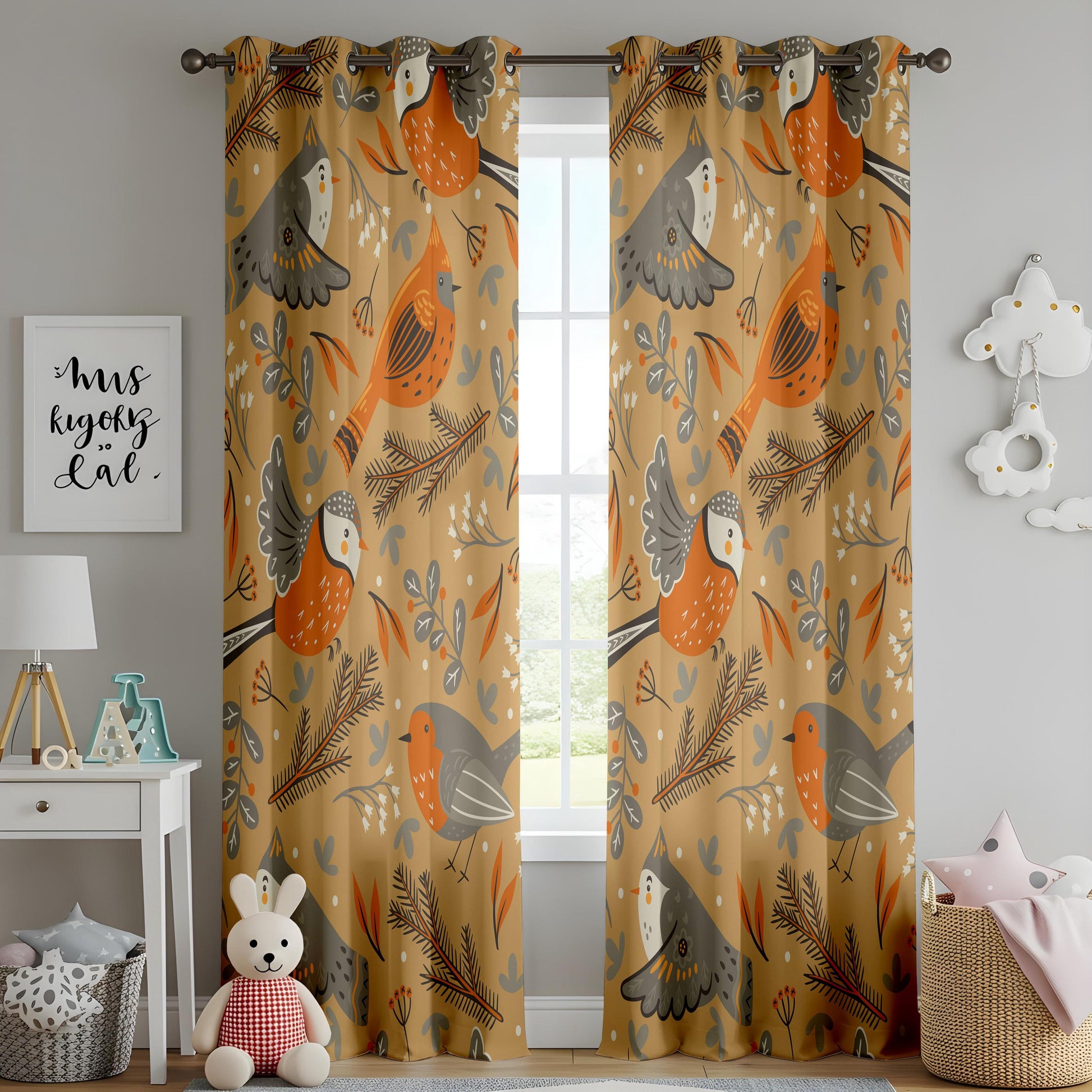 Onay Mustard Yellow Bird Curtains – Scandi Folk Art Drapes