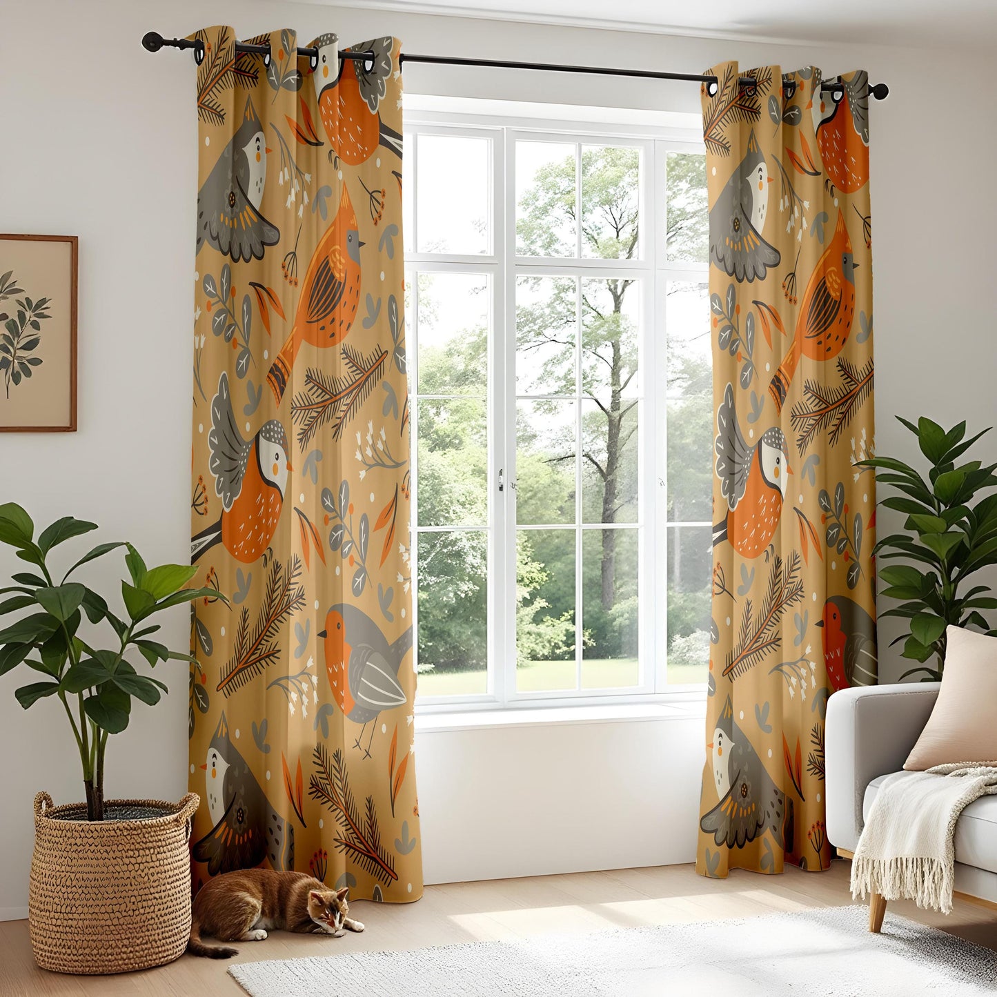 Onay Mustard Yellow Bird Curtains – Scandi Folk Art Drapes