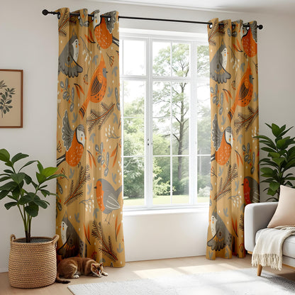 Onay Mustard Yellow Bird Curtains – Scandi Folk Art Drapes