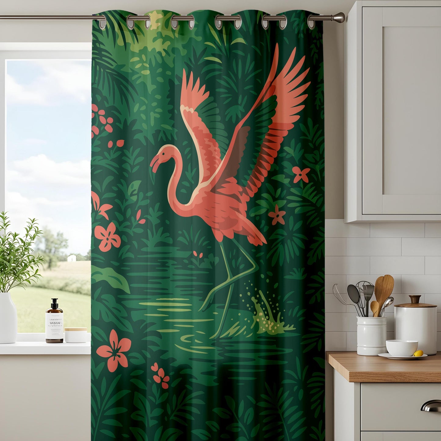 Onay Pink Flamingo Tropical Curtains – Deep Green Jungle Drapes