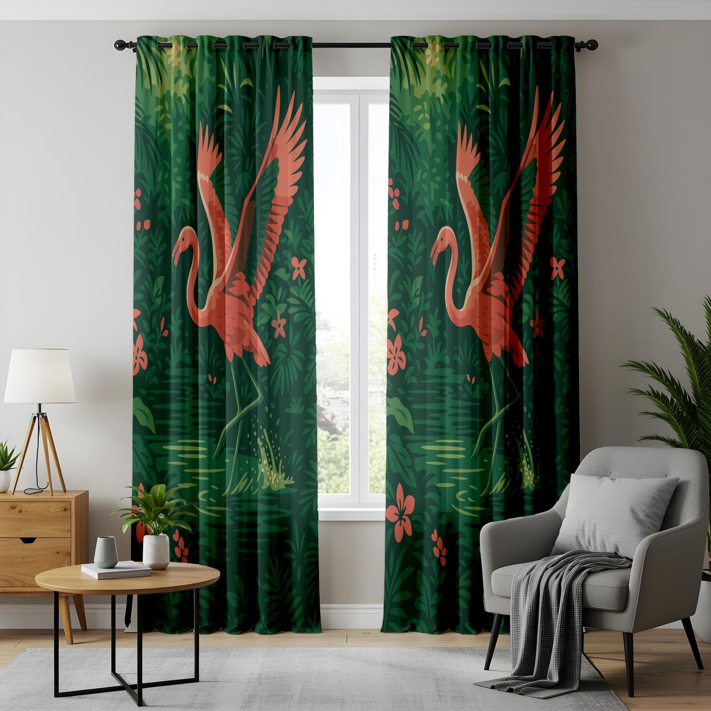 Onay Pink Flamingo Tropical Curtains – Deep Green Jungle Drapes