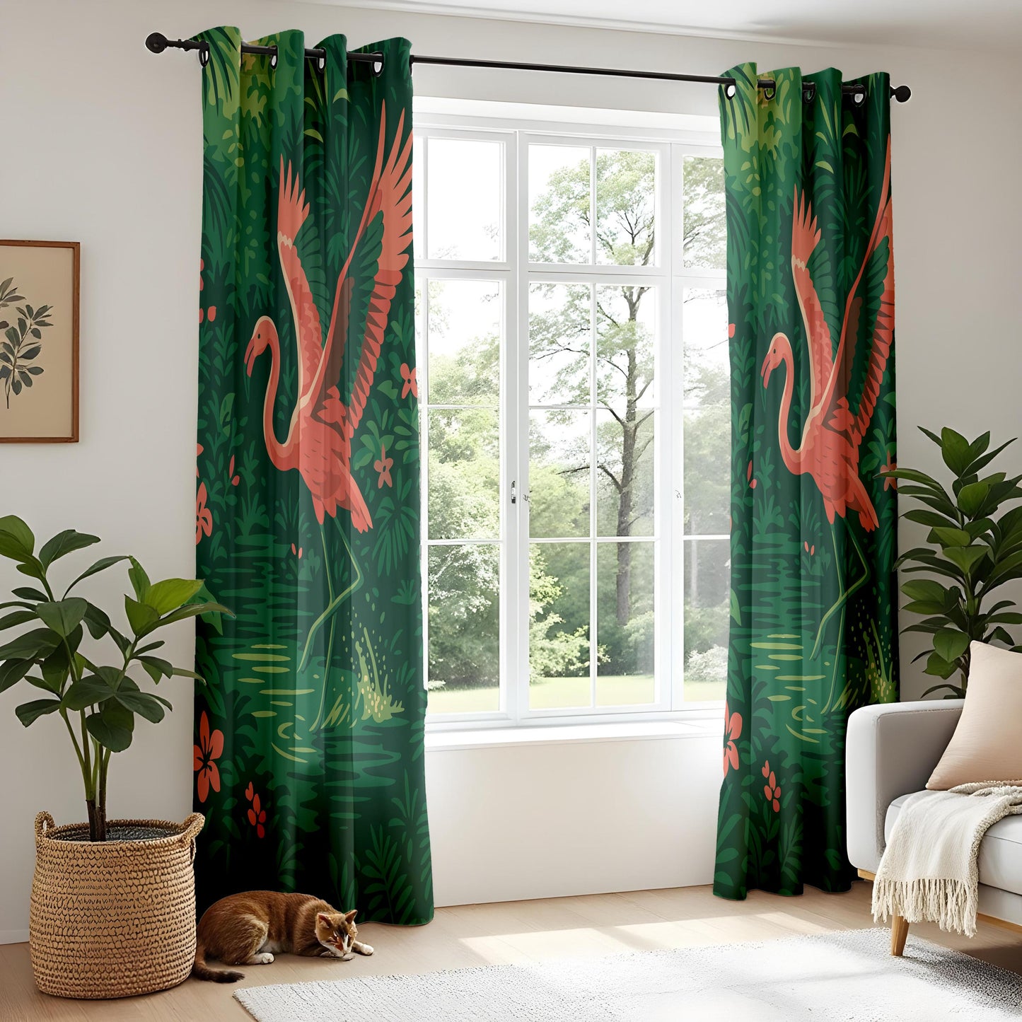 Onay Pink Flamingo Tropical Curtains – Deep Green Jungle Drapes