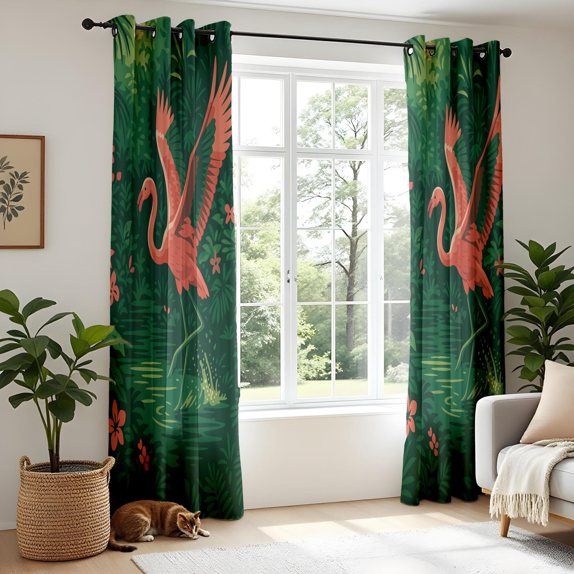 Onay Pink Flamingo Tropical Curtains – Deep Green Jungle Drapes
