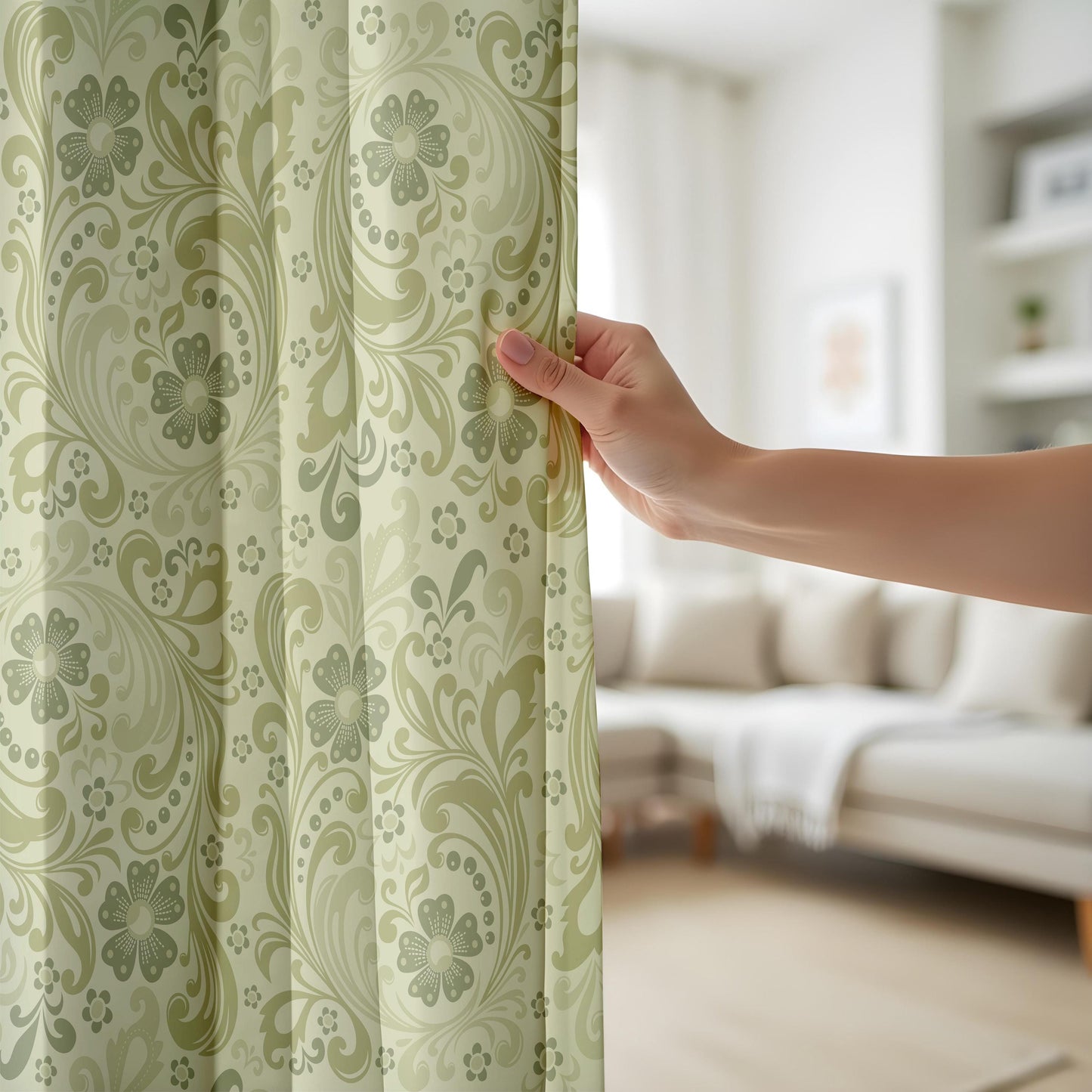Onay Sage Green Damask Curtains – Vintage Baroque Scroll Drapes