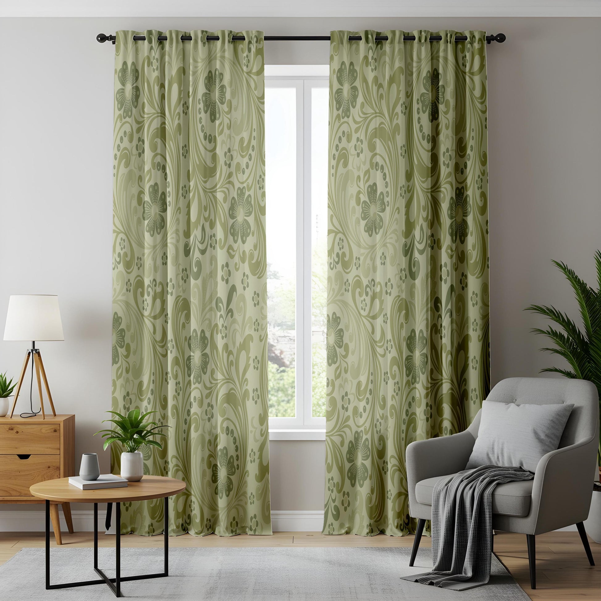 Onay Sage Green Damask Curtains – Vintage Baroque Scroll Drapes