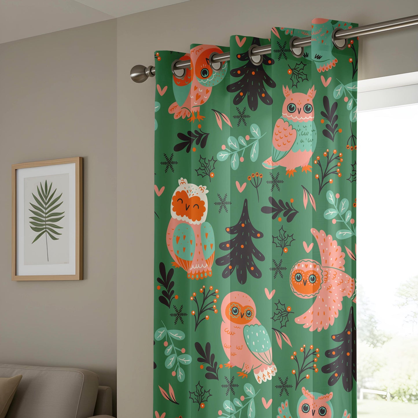 Onay Green Owl Nursery Curtains – Scandi Woodland Animal Drapes