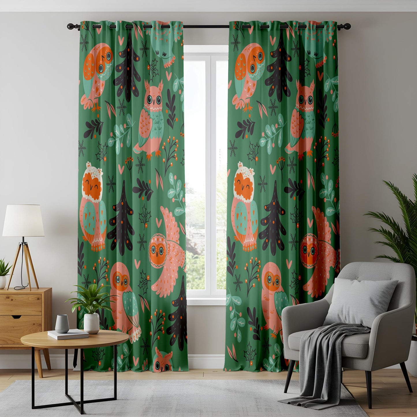 Onay Green Owl Nursery Curtains – Scandi Woodland Animal Drapes