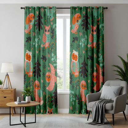 Onay Green Owl Nursery Curtains – Scandi Woodland Animal Drapes