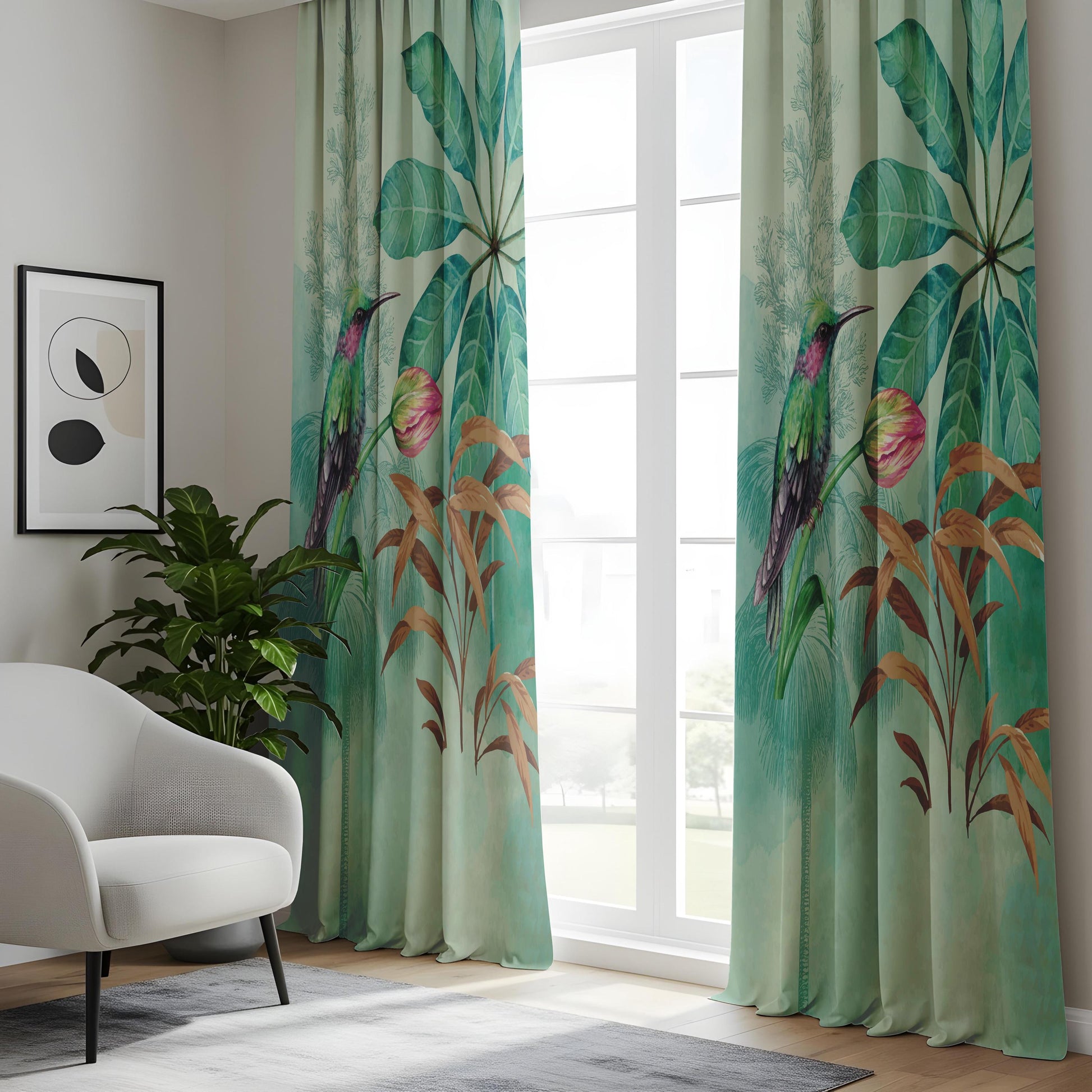Onay Watercolor Hummingbird Curtains – Teal Tropical Bird Drapes