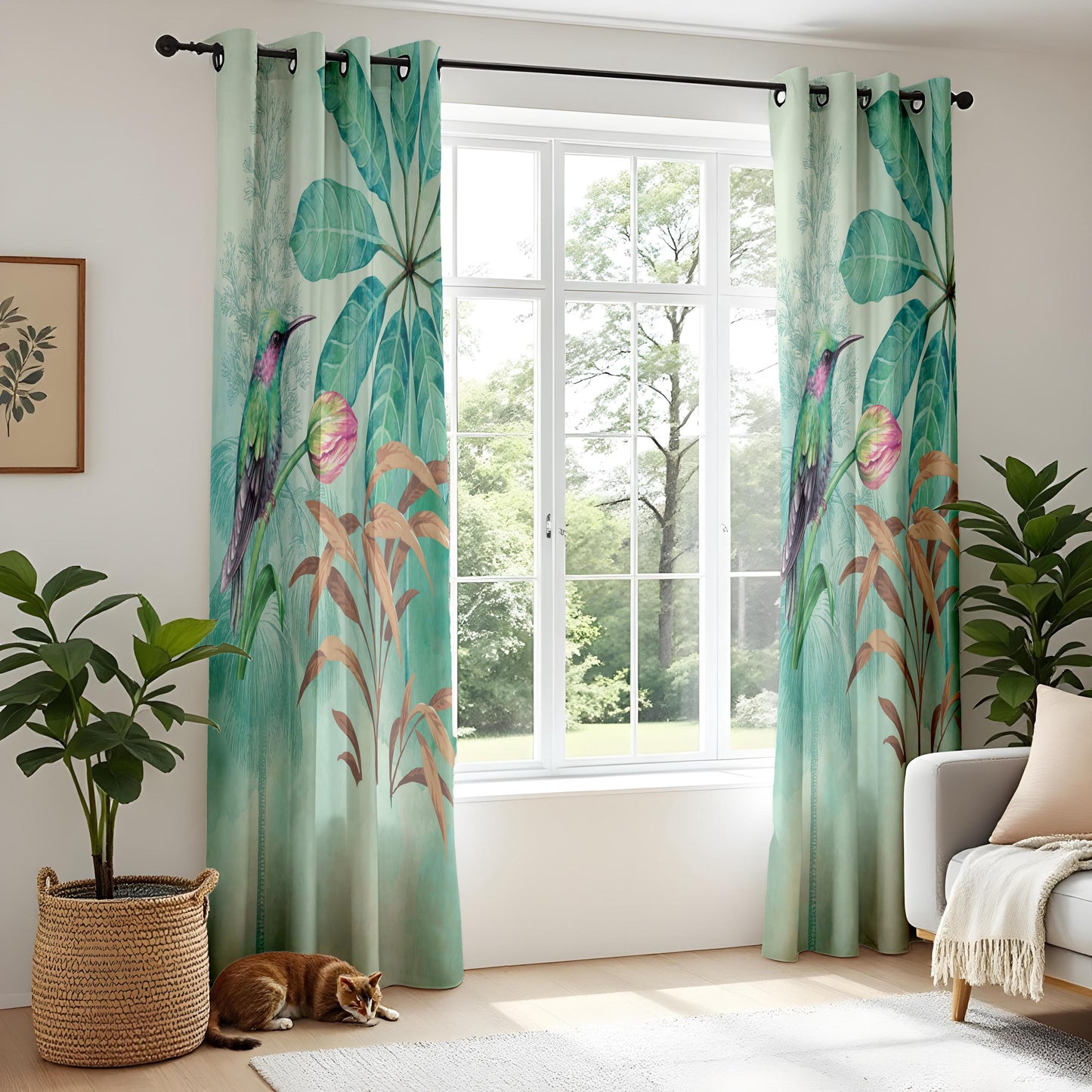 Onay Watercolor Hummingbird Curtains – Teal Tropical Bird Drapes