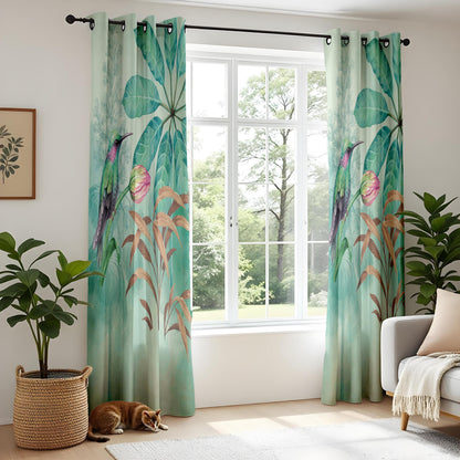 Onay Watercolor Hummingbird Curtains – Teal Tropical Bird Drapes