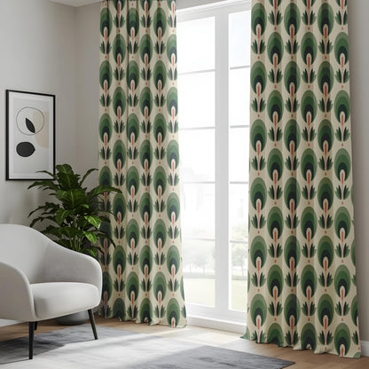 Onay Retro Green Geometric Curtains – Mid Century Modern Art Deco Drapes