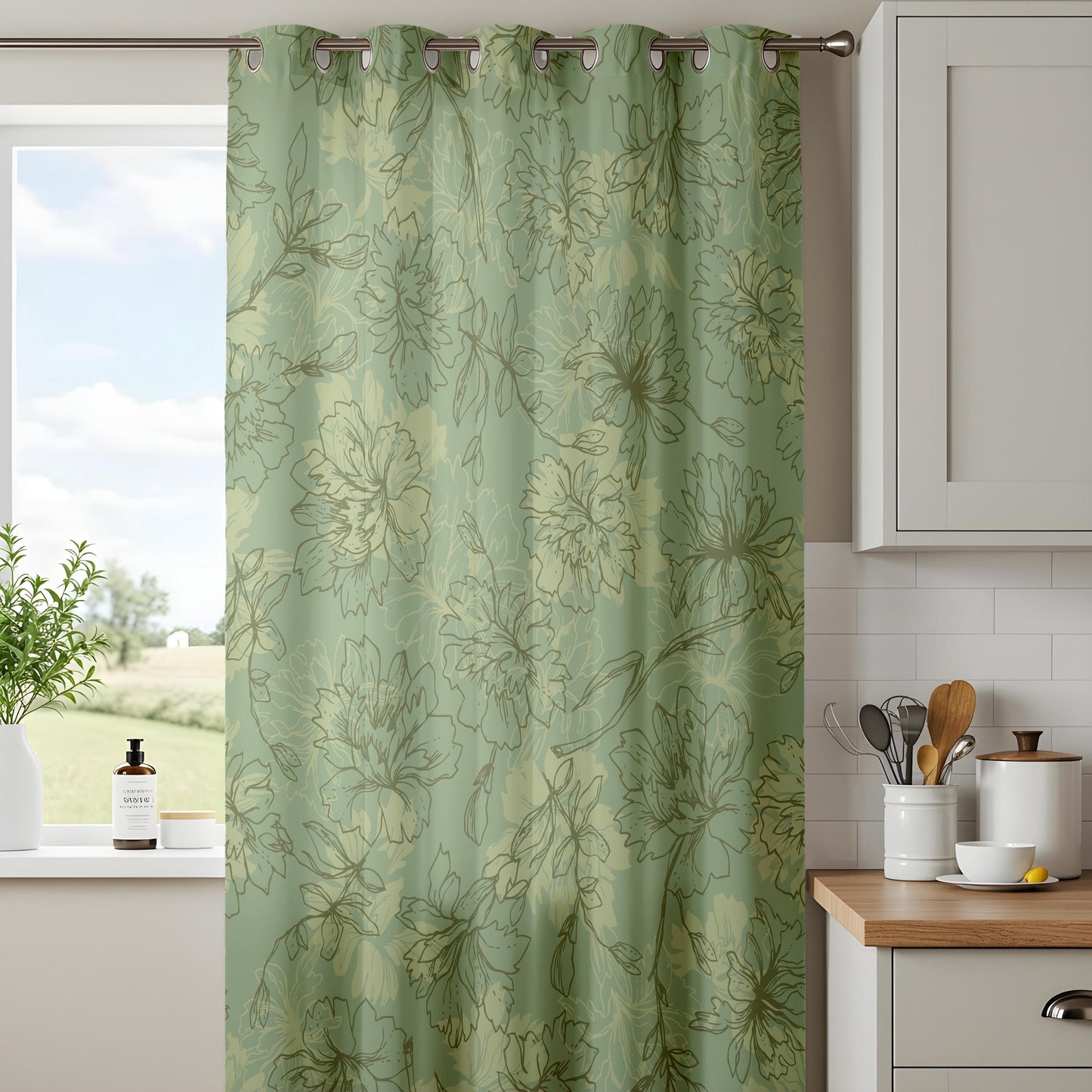 Onay Sage Green Floral Sketch Curtains – Vintage Botanical Line Art Drapes