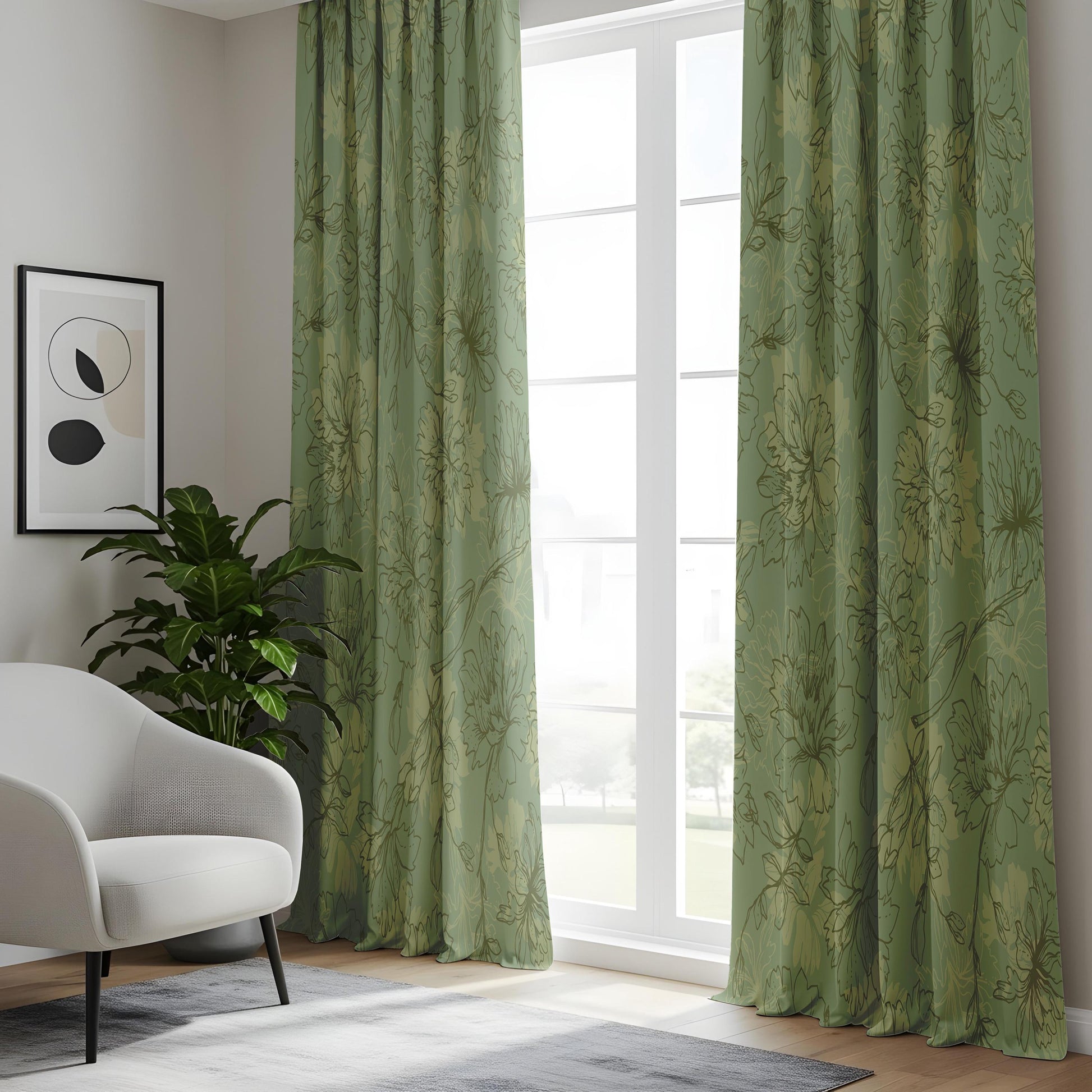 Onay Sage Green Floral Sketch Curtains – Vintage Botanical Line Art Drapes