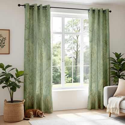 Onay Sage Green Floral Sketch Curtains – Vintage Botanical Line Art Drapes