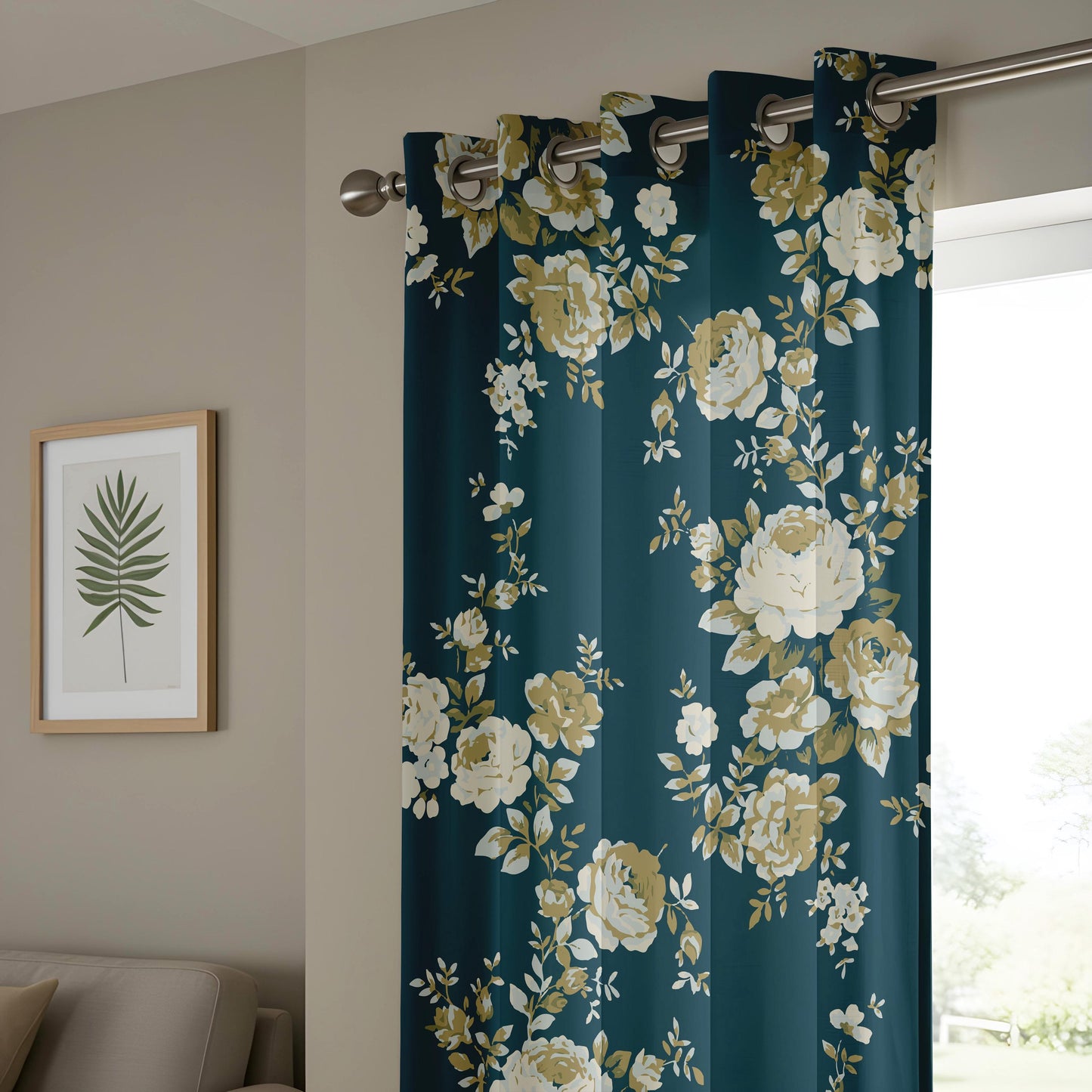 Onay Dark Teal Blue Floral Curtains – Vintage Gold Rose Drapes