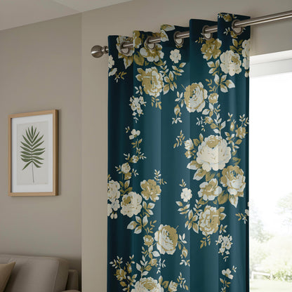 Onay Dark Teal Blue Floral Curtains – Vintage Gold Rose Drapes
