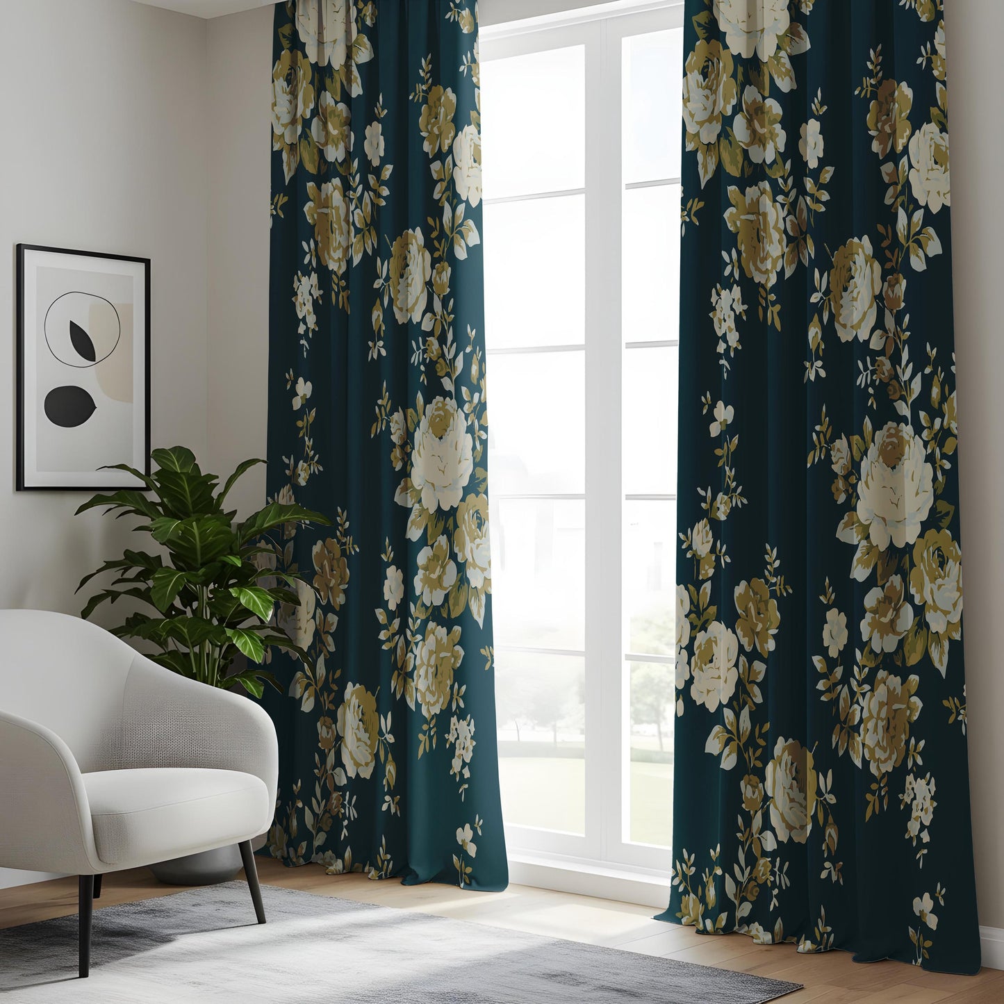 Onay Dark Teal Blue Floral Curtains – Vintage Gold Rose Drapes