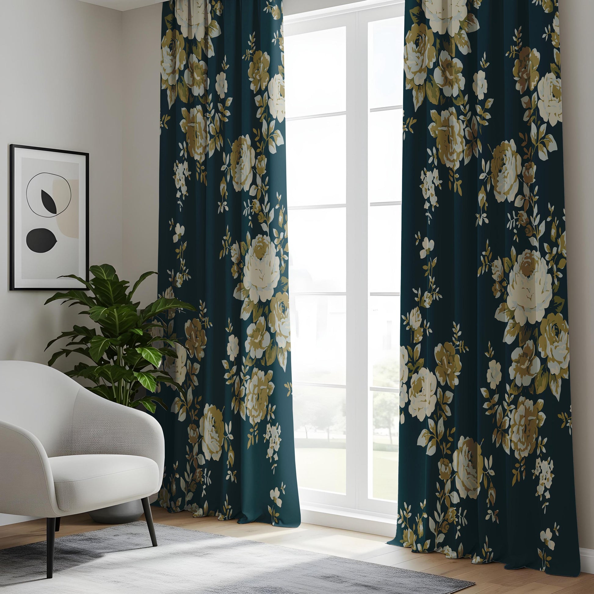Onay Dark Teal Blue Floral Curtains – Vintage Gold Rose Drapes
