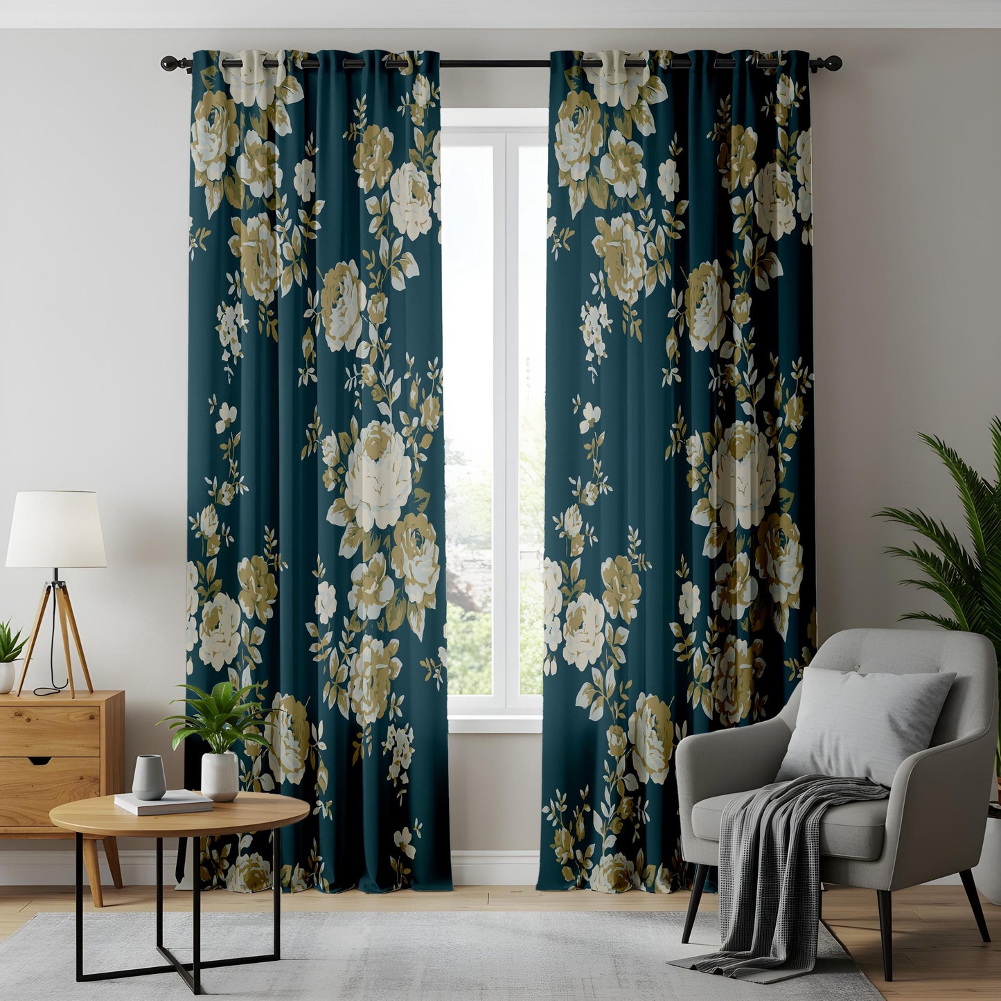 Onay Dark Teal Blue Floral Curtains – Vintage Gold Rose Drapes