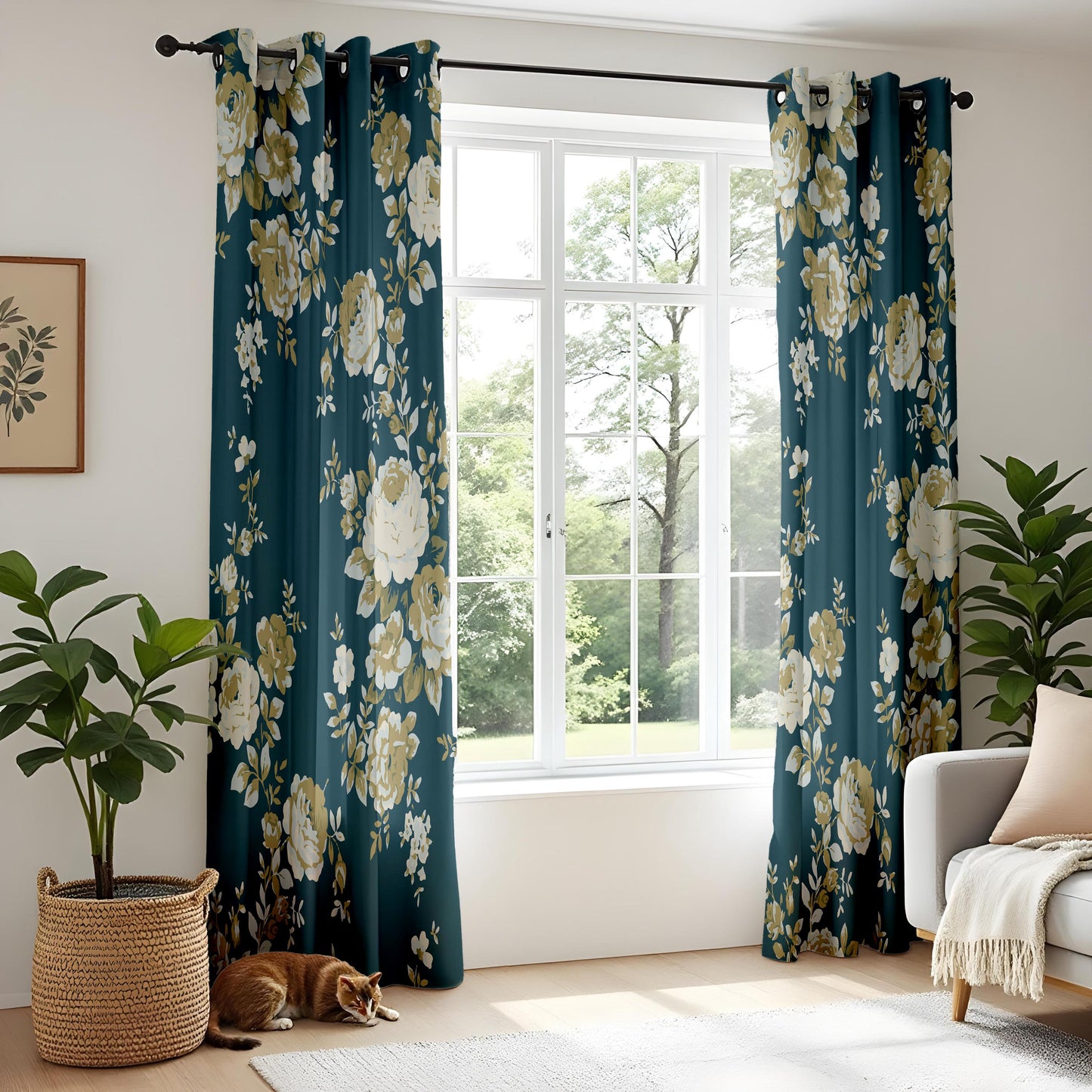 Onay Dark Teal Blue Floral Curtains – Vintage Gold Rose Drapes