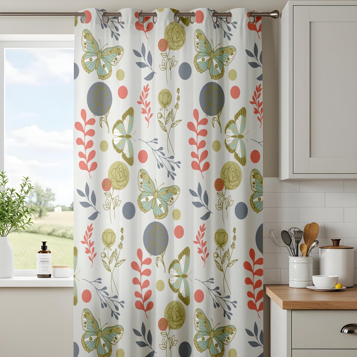 Onay Retro Butterfly Curtains – Sage Green Rust Moth Drapes