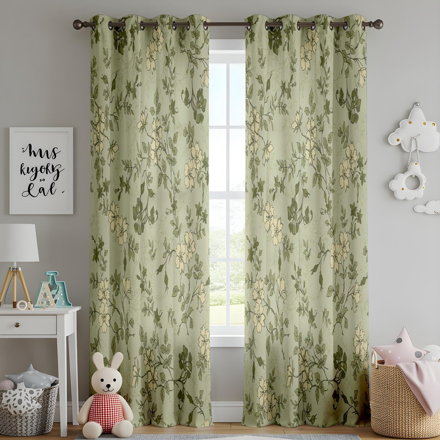 Onay Sage Green Wildflower Curtains – Vintage Botanical Sketch Drapes