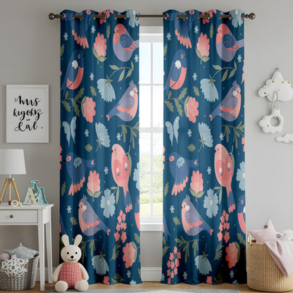 Onay Navy Blue Scandi Bird Curtains – Folk Art Floral Drapes